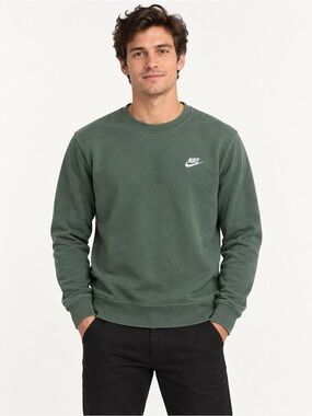 Nike Men's Forest Green Crewneck Sweatshirt  Embroidered with White Swoosh
